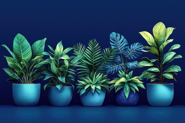 Photo illustration of six tropical plants in blue pots on a blue background