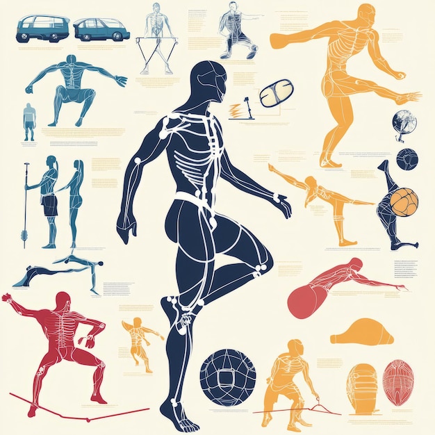 Photo illustration of a skeletal system with several different poses of people doing different actions with detailed information about each muscle and bone