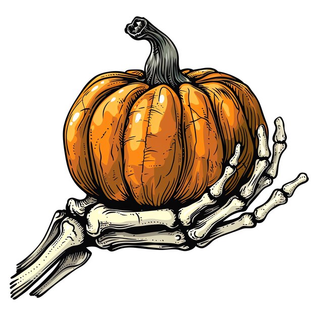 Illustration of a skeleton hand holding a pumpkin perfect for Halloween themed designs and spooky