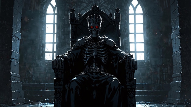 Photo illustration of skeleton king with glowing red eyes wearing a crown sitting on a throne in castle