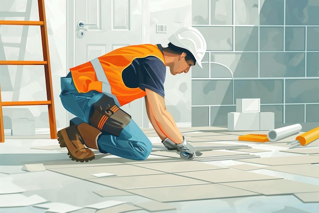 Illustration of a skilled builder carefully laying new tiles on a floor with tools around