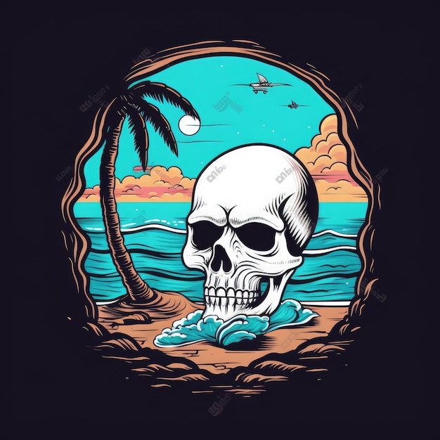 Illustration of a skull on a beach with a palm tree and a sunset in the background