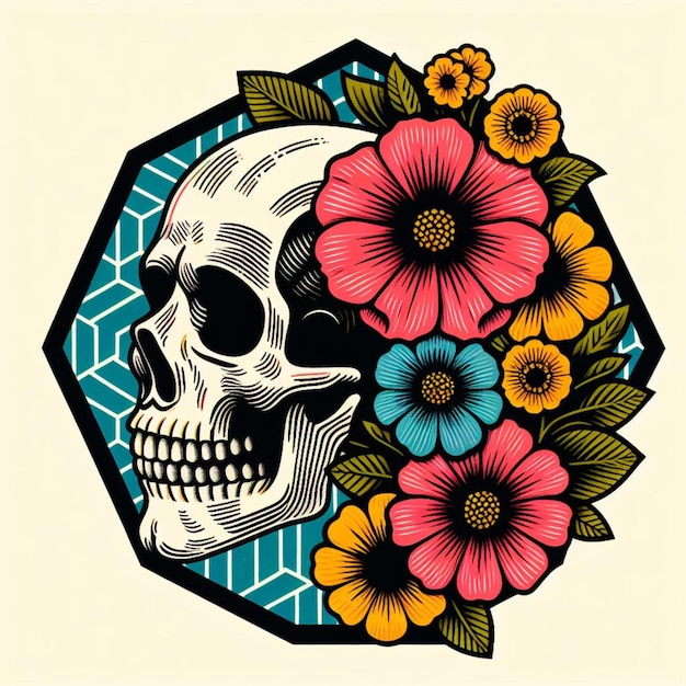 illustration of skull and flower vintage style