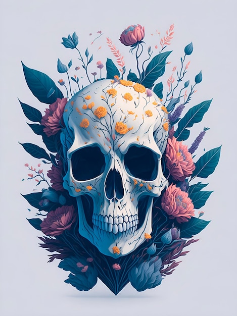 Illustration of a Skull Surrounded by Flowers in Soft Color Tones