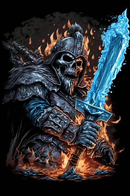 An illustration of skull warrior ancient horrifying ghost warrior lich king or fantasy and game character with magical aura Good for tshirt mug poster bed cover pillow phone case and other