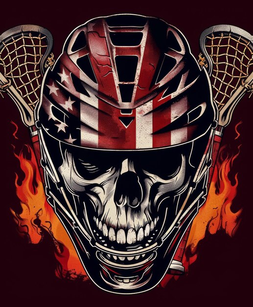 Photo illustration of a skull wearing a helmet with elements of the american flag incorporated into the design