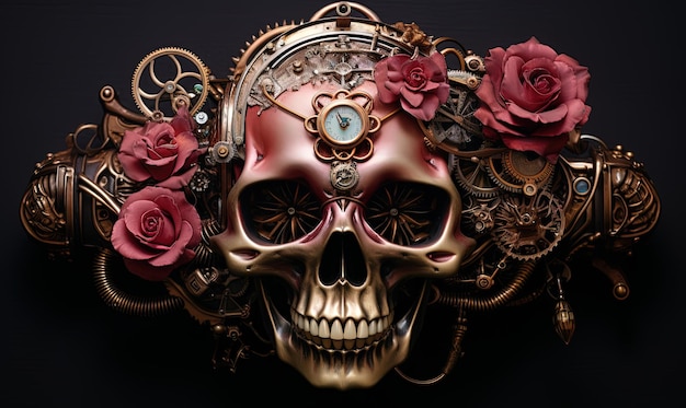 Illustration of a skull with gears roses and leaves around it Generative AI