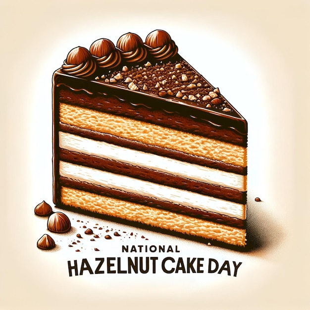 Illustration of slice of hazelnut cake with icing and cocoa powder for national hazelnut cake day