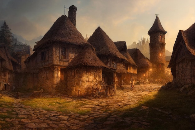 An illustration of the small medieval fantasy village Medieval Fantasy