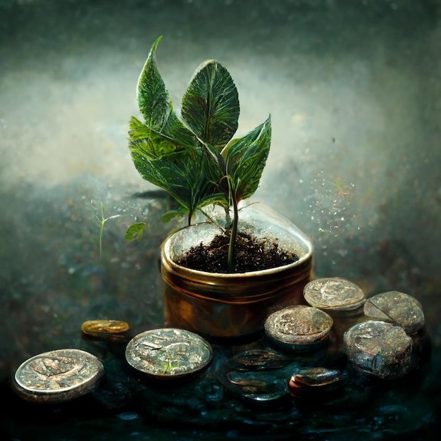 Illustration of a small potted money plant with coins on the side