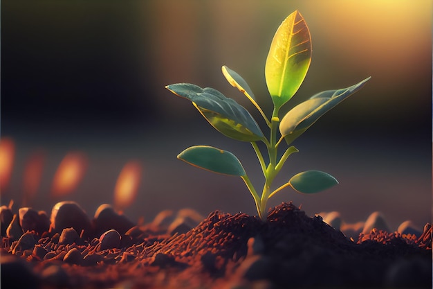 Illustration of small seedling green leaves growing in soil AI