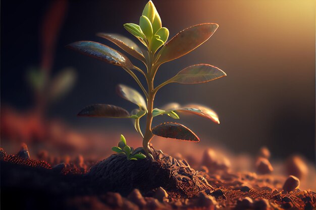 Illustration of small seedling green leaves growing in soil AI