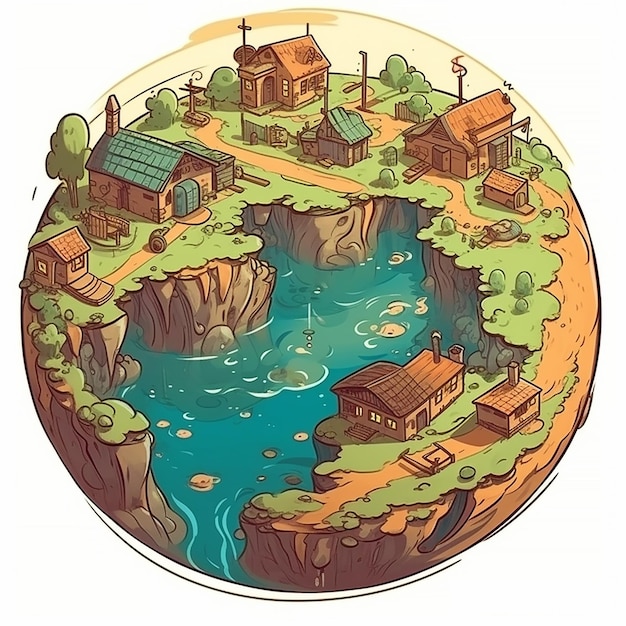 Illustration of a small village with a river in the middle