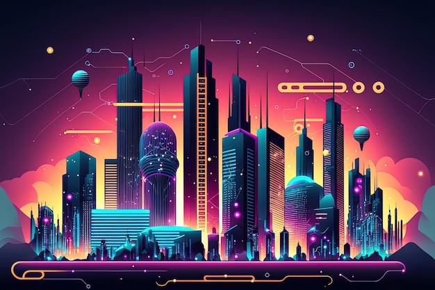 Illustration of a smart city or future metropolis with a digital technology aspect