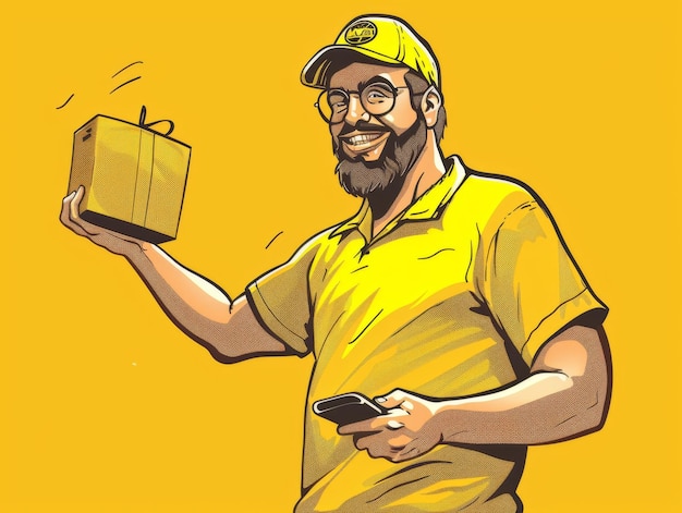 Illustration of a smiling delivery man in a yellow uniform holding a package and a phone against a yellow background With copy space for text