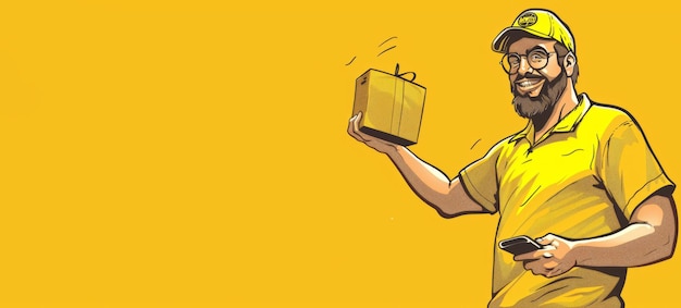 Illustration of a smiling delivery man in a yellow uniform holding a package and a phone against a yellow background With copy space for text