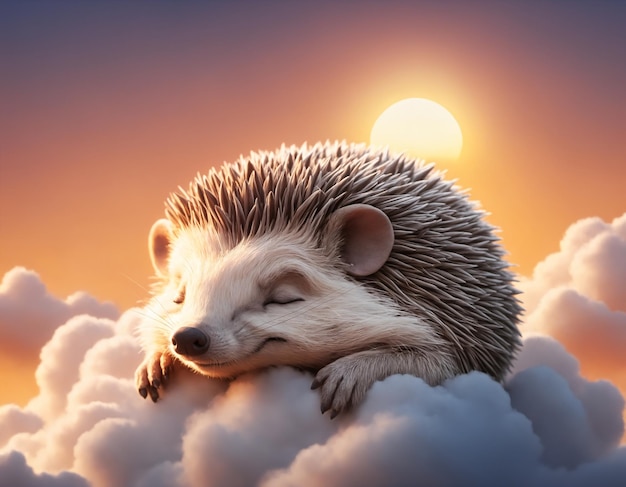 Illustration of a smiling little hedgehog sleeping on a fluffy cloud evoking feelings of tranquility and warmth Generative AI