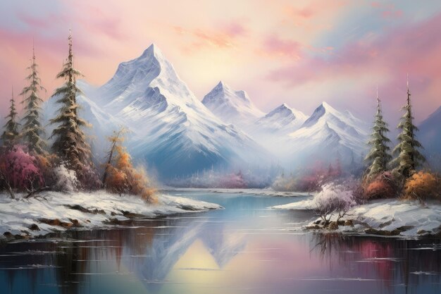 a illustration of snow covered mountains and a lake