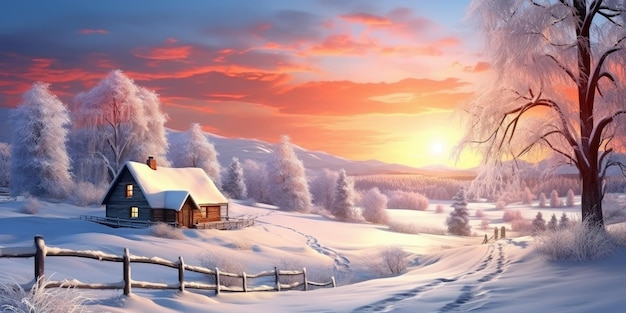 a illustration of a snowy landscape with a cabin