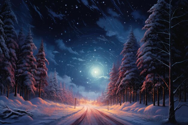 a illustration of a snowy road at night