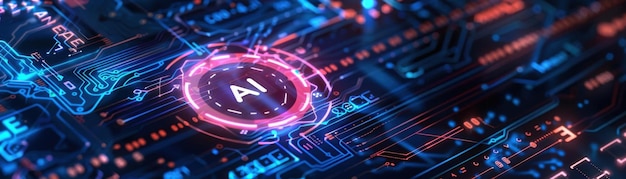 Photo illustration of a social network icon with life text overlaid on an electronic mainboard with ai lab