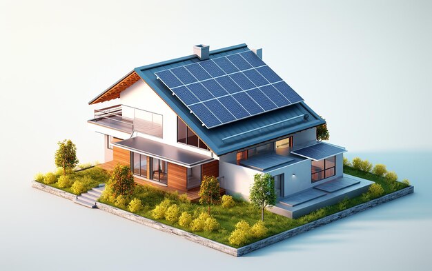 Illustration of Solar Battery Panels on the House Roof Sustainable Energy