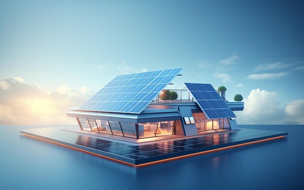 Illustration of Solar Battery Panels on the House Roof Sustainable Energy