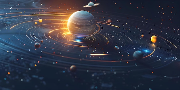 Photo illustration of the solar system with orbiting celestial bodies and satellites concept space art solar system illustration celestial bodies orbiting satellites outer space art