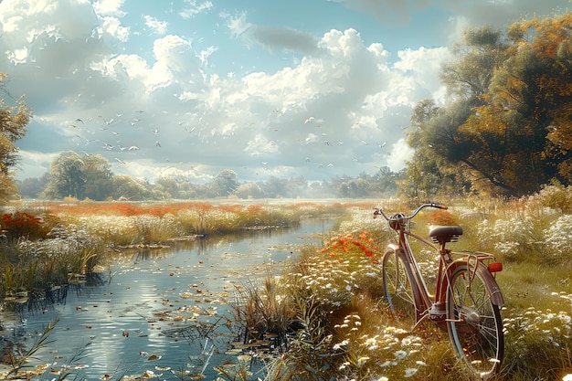 An illustration of solitary bicycle on a peaceful flowering meadow landscape background