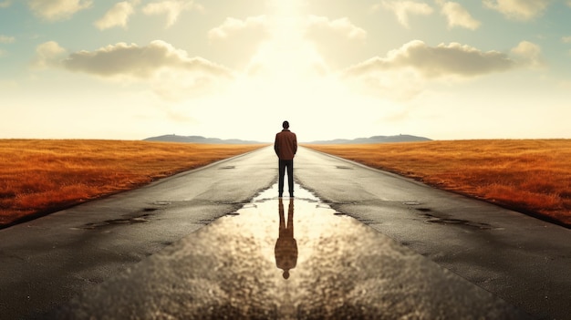 Illustration of a solitary man standing in the middle of an empty road