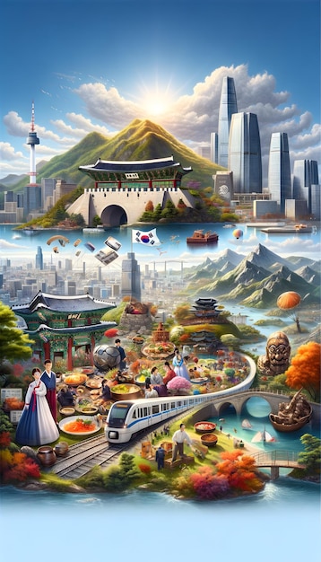 Illustration of South Koreas map showcasing landmarks culture and cuisine