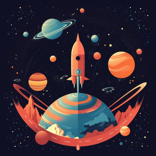 Illustration of a space rocket flying over a planet with planets generative ai