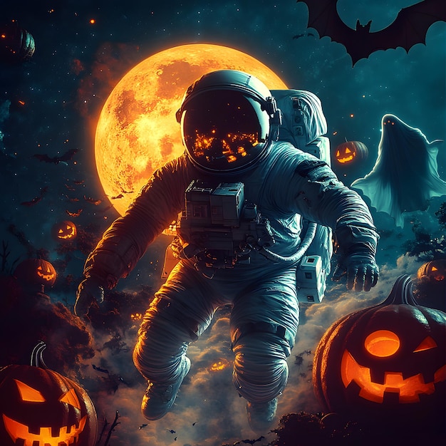 an illustration of a space suit with a pumpkin on it