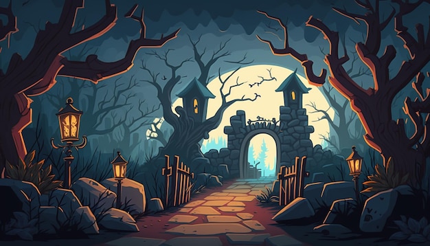 Illustration of a spooky castle in a spooky forest generative ai