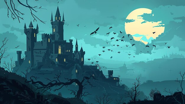 An illustration of a spooky castle with a moon in the sky bats flying overhead and some bare trees