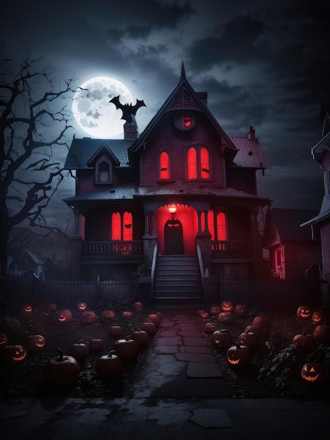 Illustration of a spooky house under a full moon