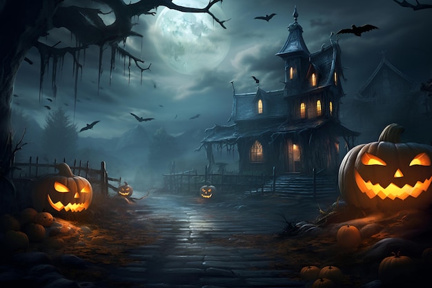 Illustration of a spooky house with Halloween pumpkins jackolantern