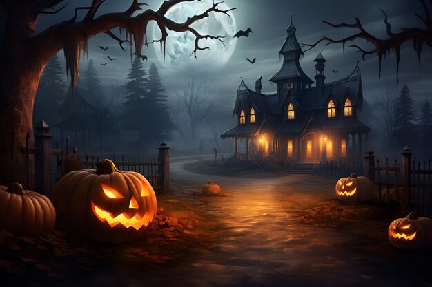 Illustration of a spooky house with Halloween pumpkins jackolantern