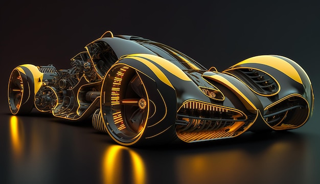 Illustration sport speed car design yellow with neon light Generative AI