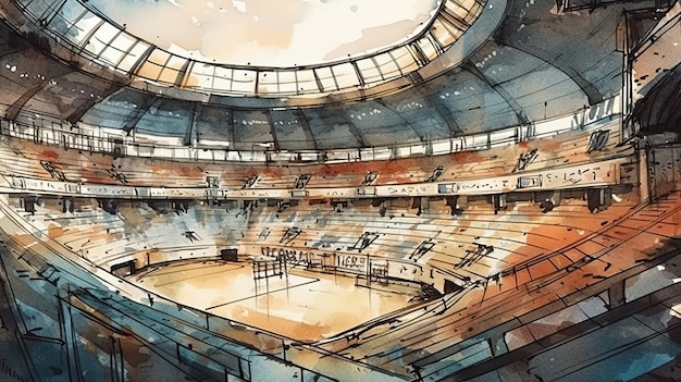 An illustration of a sports arena with a large dome that says'arena '