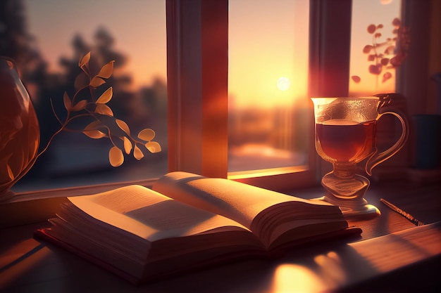 Illustration stack of books on the table with tea glass at sunset indoor AI