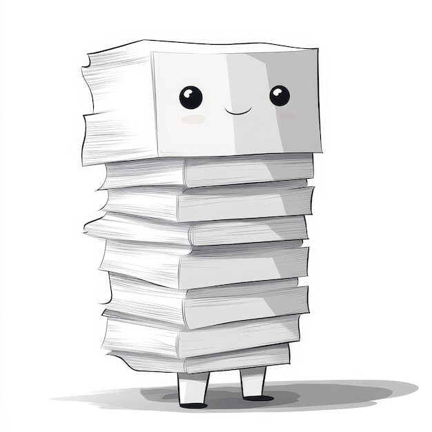 Photo illustration of a stack of books with a cute face on a white background