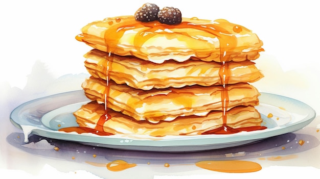 Illustration of a stack of pancakes on a plate with maple syrup