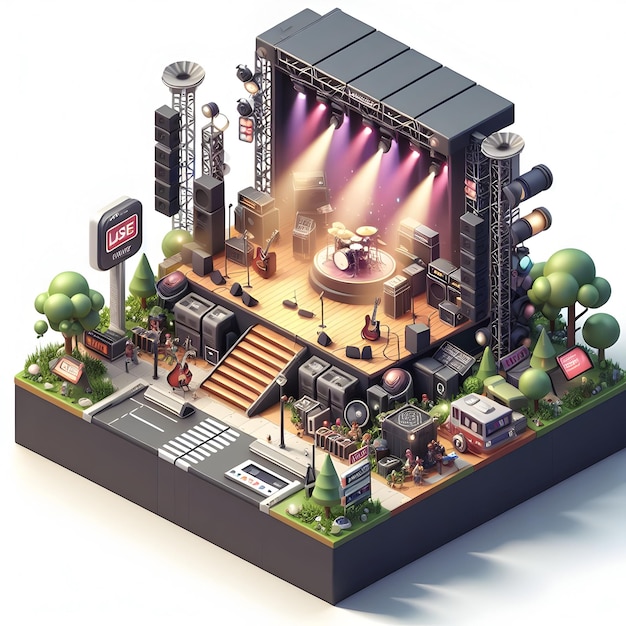 An illustration of a stage with a band performing and speakers on either side