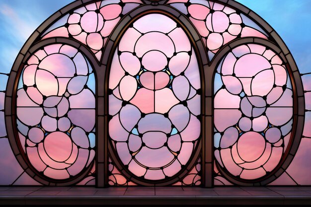 Illustration of a stained glass window with pink and blue sky background