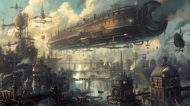 An illustration of a steampunk city with airships flying overhead