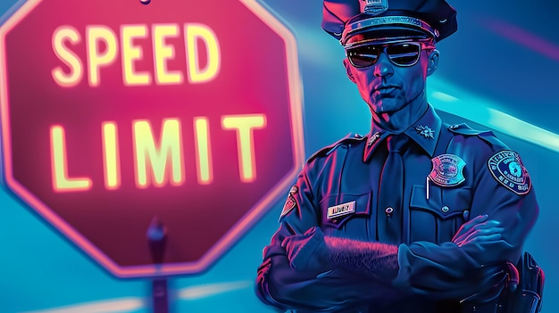 Illustration of a sternlooking police officer standing next to a speed limit sign conveying law enforcement and traffic control themes