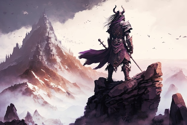 Illustration of a stone warrior guardian atop a fantasy mountain