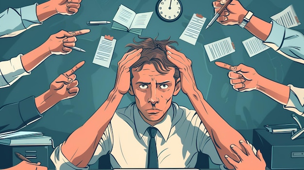 Photo illustration of stressed businessman surrounded by pressures and demands in office environment