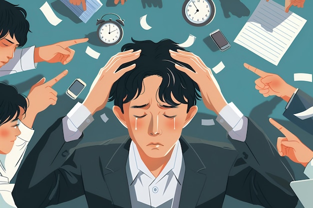 Photo illustration of stressed businessman surrounded by pressures and demands in office environment